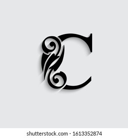 letter C with shadow. Black alphabet.  Beautiful flower  capital letters