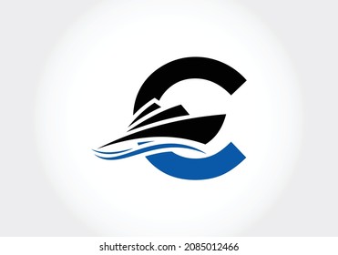 Letter C with the ship, cruise, or boat logo design template, icon sign symbol ocean waves vector illustration.