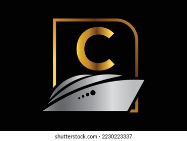 Letter C with the ship, cruise, or boat logo design template, icon sign symbol ocean waves vector illustration.