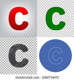 Letter C sign design template element. Vector. 4 styles. Red gradient in radial lighted background, green flat and gray scribble icons on transparent and linear one in blue circle.