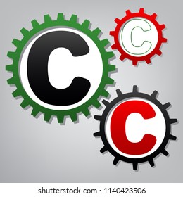Letter C sign design template element. Vector. Three connected gears with icons at grayish background.