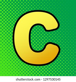 Letter C sign design template element. Vector. Pop art orange to yellow dots-gradient icon with black contour at greenish background.