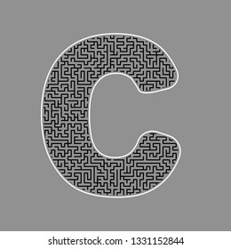 Letter C sign design template element. Vector. Black maze filled icon with white border at gray background.