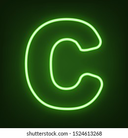 Letter C sign design template element. Green neon icon in the dark. Blurred lightening. Illustration.