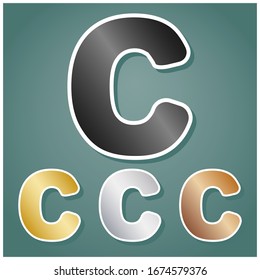 Letter C sign design template element. Set of metallic Icons with gray, gold, silver and bronze gradient with white contour and shadow at viridan background. Illustration.