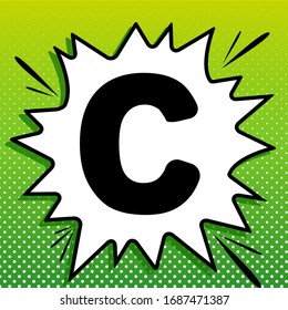 Elemento de plantilla de diseño de signo de letra C. Icono negro sobre la parte blanca Splash en fondo verde con puntos blancos.  Ilustración.