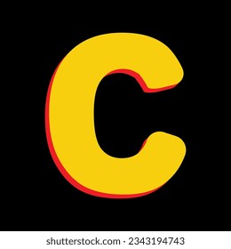 Letter C sign design template element. 3D Extruded Yellow Icon with Red Sides a Black background. Illustration.