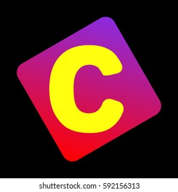 Letter C sign design template element. Vector. Yellow icon at violet-red gradient square with rounded corners rotated for dynamics on black background.