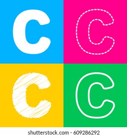 Letter C sign design template element. Four styles of icon on four color squares.
