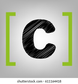 Letter C sign design template element. Vector. Black scribble icon in citron brackets on grayish background.