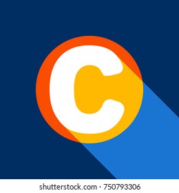 Letter C sign design template element. Vector. White icon on tangelo circle with infinite shadow of light at cool black background. Selective yellow and bright navy blue are produced.