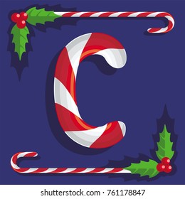 Letter C, sign of red and white sweets, sweet candy cane on blue background, illustration, vector