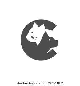 Letter C with silhouette cat and dog
