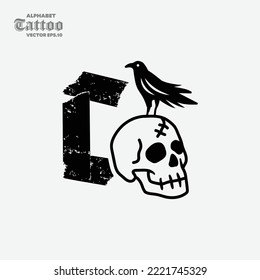 The letter C with a skull head on it has a black crow, black and white style