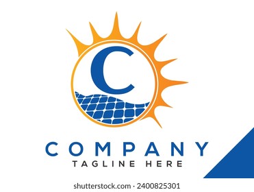 Letter C with solar panel and sun sign Logo Design Vector Template.