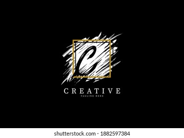 Letra C Diseño de logotipo de intervalo de salpicaduras, Pincel de textura con cuadrícula cuadrada.