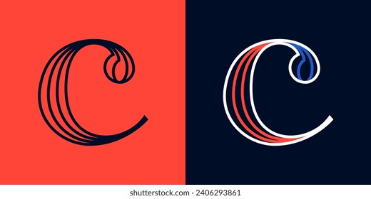 Letter C sport logo. Blue and red lines font. Patriotic emblem for Independence or Veterans Day. Serif type for college baseball team, basketball uniform, vintage style headlines, motorcycle magazine.