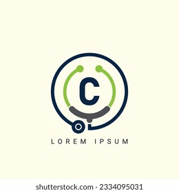 Letter C with Stethoscope Logo Concept sign icon symbol Design. Medical Health care Logotype. Vector illustration template