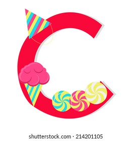 Letter "c" from stylized alphabet with candies. Letter "c" from stylized alphabet with candies: ice cream, Peppermint Candy, birthday hat. White background.