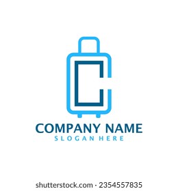 Letra C con vector de diseño del logotipo de maleta. Concepto de plantilla de diseño del logotipo inicial de C con maleta