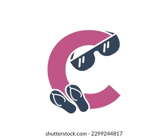 letter c with sunglasses and flip flops. vacation alphabet logo symbol. summer tourism design. isolated vector image