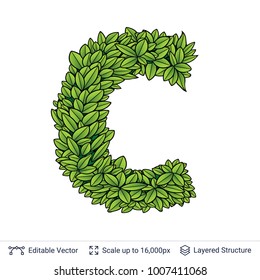 Letter C symbol of green leaves. Clean shape isolated on white. Vector icon easy to edit.