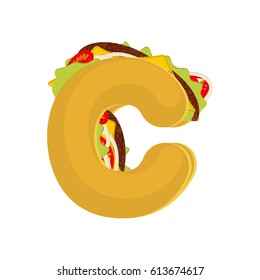 Letter C tacos. Mexican fast food font. Taco alphabet symbol. Mexico meal ABC