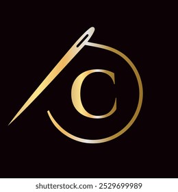 Letter C Tailor Logo, Needle and Thread Logotype for Garment, Embroider, Textile, Fashion, Cloth, Fabric Sign