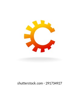 Letter C tech logo. Sun symbol, gear sign. 
