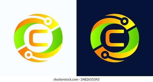 Letter C technology logo with circles and circuit board lines with letter C inside for digital, data, connection in green and orange gradient colors