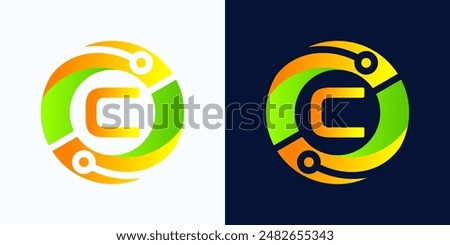 Letter C technology logo with circles and circuit board lines with letter C inside for digital, data, connection in green and orange gradient colors