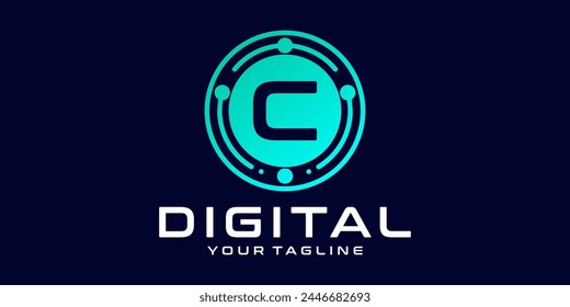 letter C technology logo. Digital font vector design for industry with circuit circles and dots, for digital, technology,data