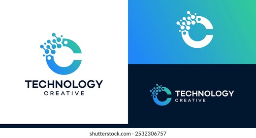 Letra C com modelos de tecnologia. C inicial do projeto do logotipo para o símbolo técnico, internet, sistema, inteligência artificial, cadeia de blocos, molécula e sistema símbolo gráfico ícone vetor.