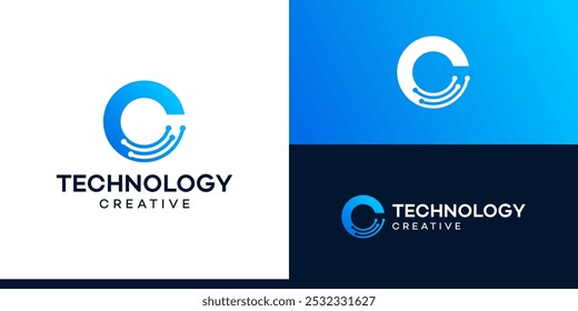 Letter C with technology models. Logo design initial C for symbol tech, internet, system, Artificial Intelligence, Blockchain, molecule and system graphic symbol icon vector.