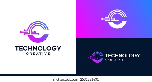 Letter C with technology models. Logo design initial C for symbol tech, internet, system, Artificial Intelligence, Blockchain, molecule and system graphic symbol icon vector.