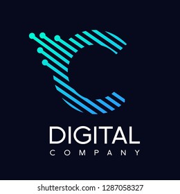 Letter C technology vector logo with gradient color blue. Design with dot, connect and speed symbol. This logo is suitable for industrial, automotive and business.