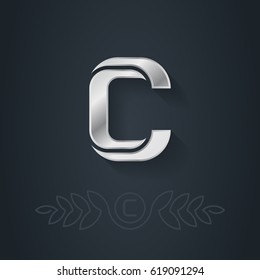 Letter C. Template for company logo with monogram element. Vector elegant silver font. 3d metallic Design element or icon