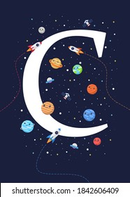 The letter C with the theme of outer space for Children. Letter graphic vector illustration for kids on outer space theme. space kids, letters for children.