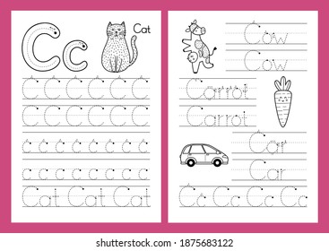 Letter C. Tracing practice worksheet set. Learning alphabet activity page. Printable black and white template in A4 format for children’s workbook. Vector illustration