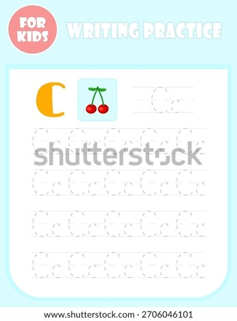 Letter C tracing. Worksheet for children, writing practice page. English alphabet handwriting study.