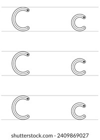 Letter C Tracing Worksheet für Preschool PreK Kinder Homeschooling. Alphabet-Aktivitäten in den oberen und unteren Bereichen
