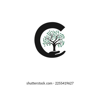 Letter C with tree  Nature Logo Design. Alphabet with tree and hand unique vector illustration.