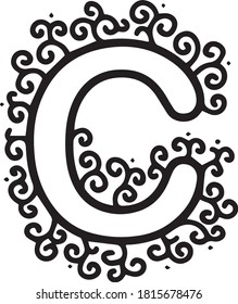 Diseño tipográfico de letra C con ornamento folclórico giratorio recuerda a plantas y brotes. ABC decorativo