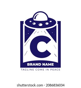 letter C UFO illustration for tee shirt and initial vector logo design