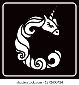 Letter "C" unicorn. Written by unicorns. Letter in the style of the unicorn. Fairytale font. Trend print on a T-shirt. Logo "C". Isolated on a black background. Metal pin. Unicorn alphabet.