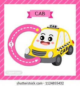 Letter C uppercase cute children colorful transportations ABC alphabet tracing flashcard of Cab for kids learning English vocabulary and handwriting Vector Illustration.
