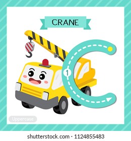 Letter C uppercase cute children colorful transportations ABC alphabet tracing flashcard of Crane for kids learning English vocabulary and handwriting Vector Illustration.