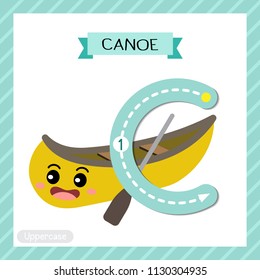 Letter C uppercase cute children colorful transportations ABC alphabet tracing flashcard of Canoe for kids learning English vocabulary and handwriting Vector Illustration.