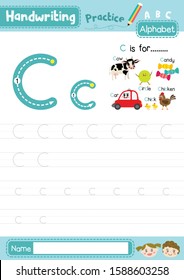 Letter C uppercase and lowercase cute children colorful ABC alphabet trace practice worksheet for kids learning English vocabulary and handwriting layout in A4 vector illustration.