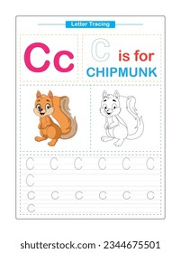 Letra C. Mayúsculas y minúsculas. Niños guapos. Seguimiento colorido del alfabeto ABC. Practica la hoja de cálculo para niños. Aprendiendo vocabulario y escritura a mano en inglés. Traza de carta. Ilustración del vector